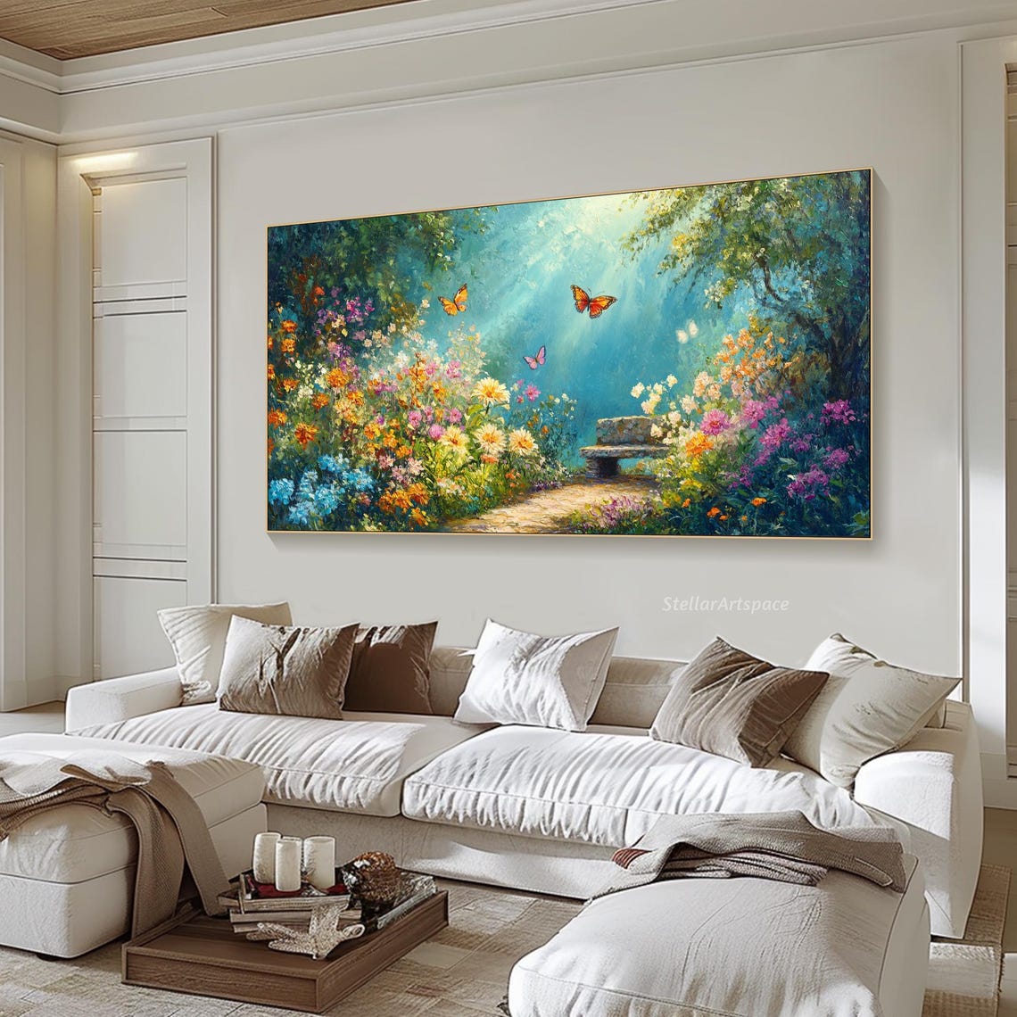 Butterfly Garden Colorful Blossoms Bench Sunny Path Painting Poster - Image 6