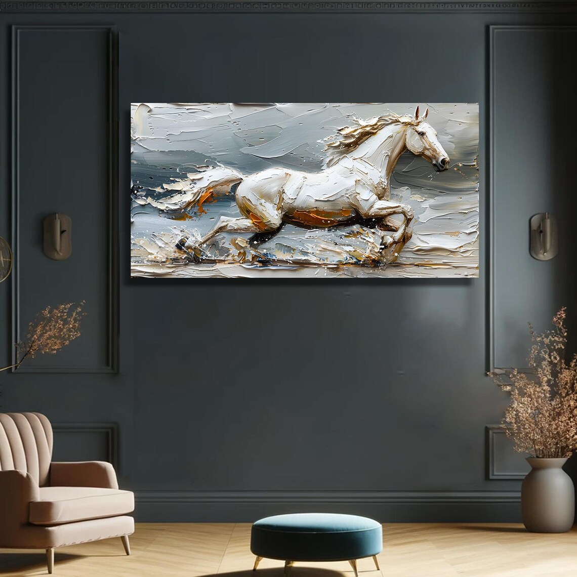 White Horse Galloping Gray Gold Impasto Textured Painting Wall Art - Image 3