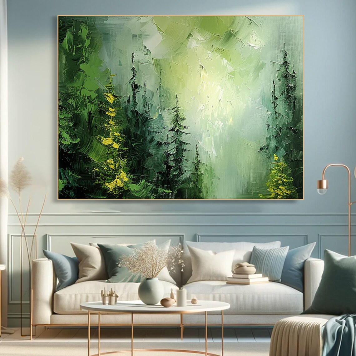 Misty Green Pine Forest Sunlight Textured Impasto Oil Art Print - Image 2