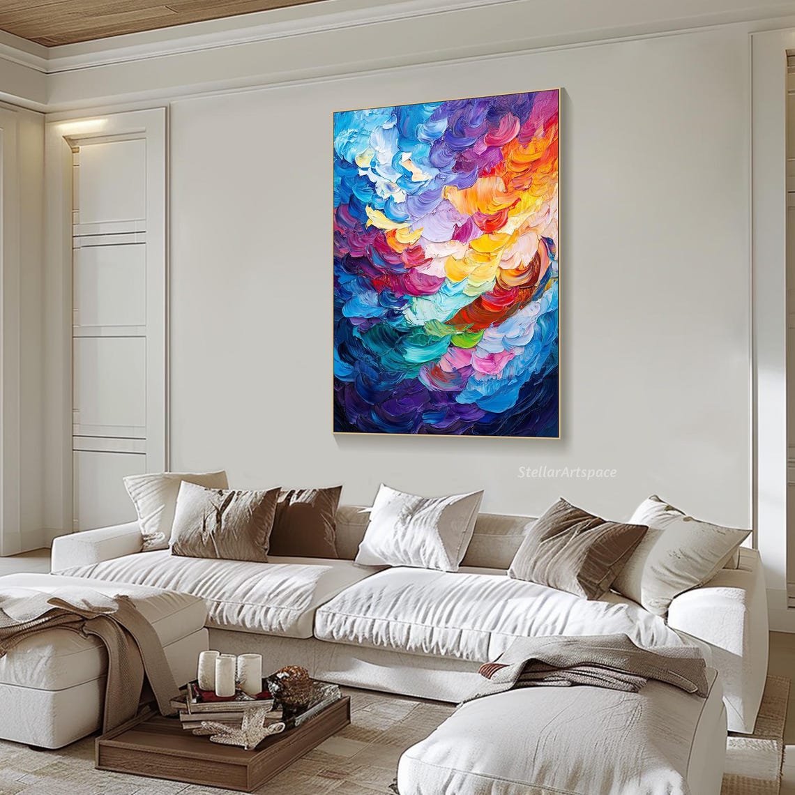 Colorful Abstract Swirl Diptych Impasto Rainbow Texture Wall Art - Image 5
