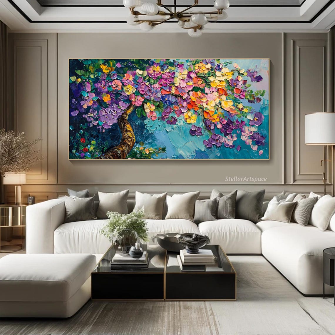 Flowering Tree Branch Colorful Blossoms Turquoise Impasto Art Poster - Image 3