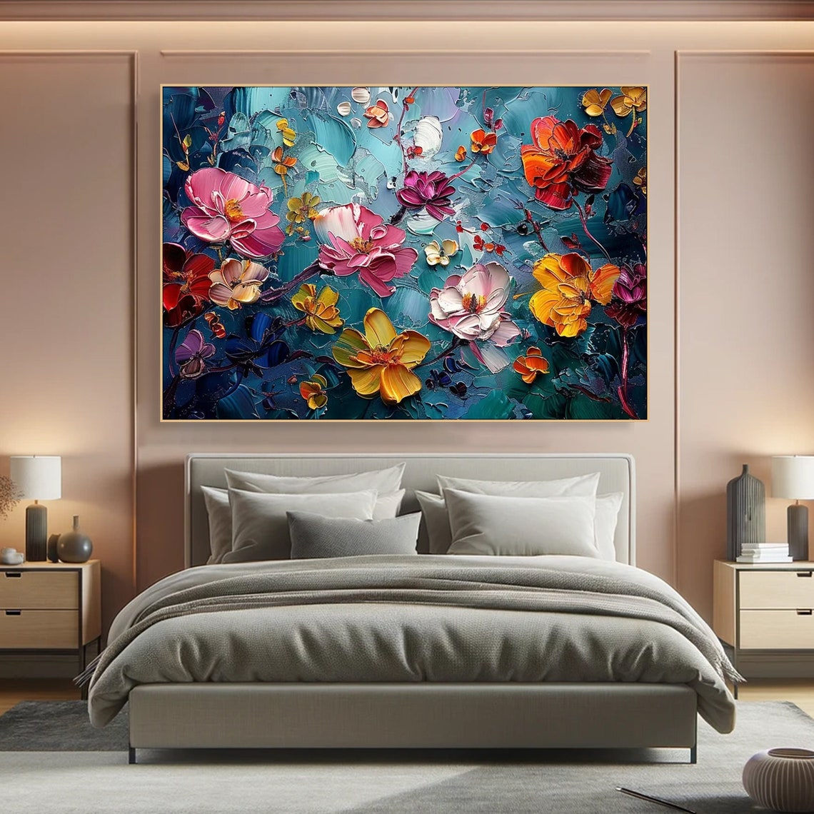Colorful Blossom Flowers Teal Background Impasto Textured Art Print - Image 5