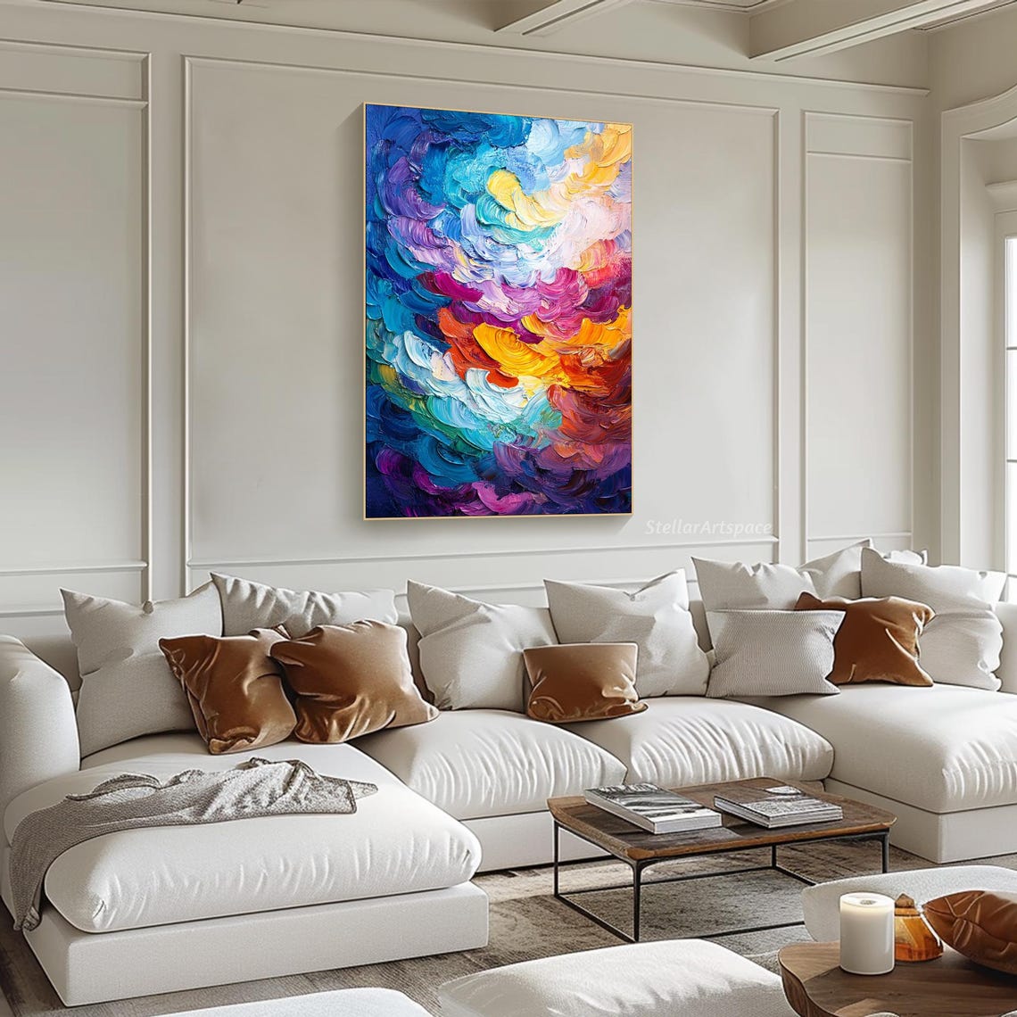 Colorful Abstract Swirl Diptych Impasto Rainbow Texture Wall Art - Image 6