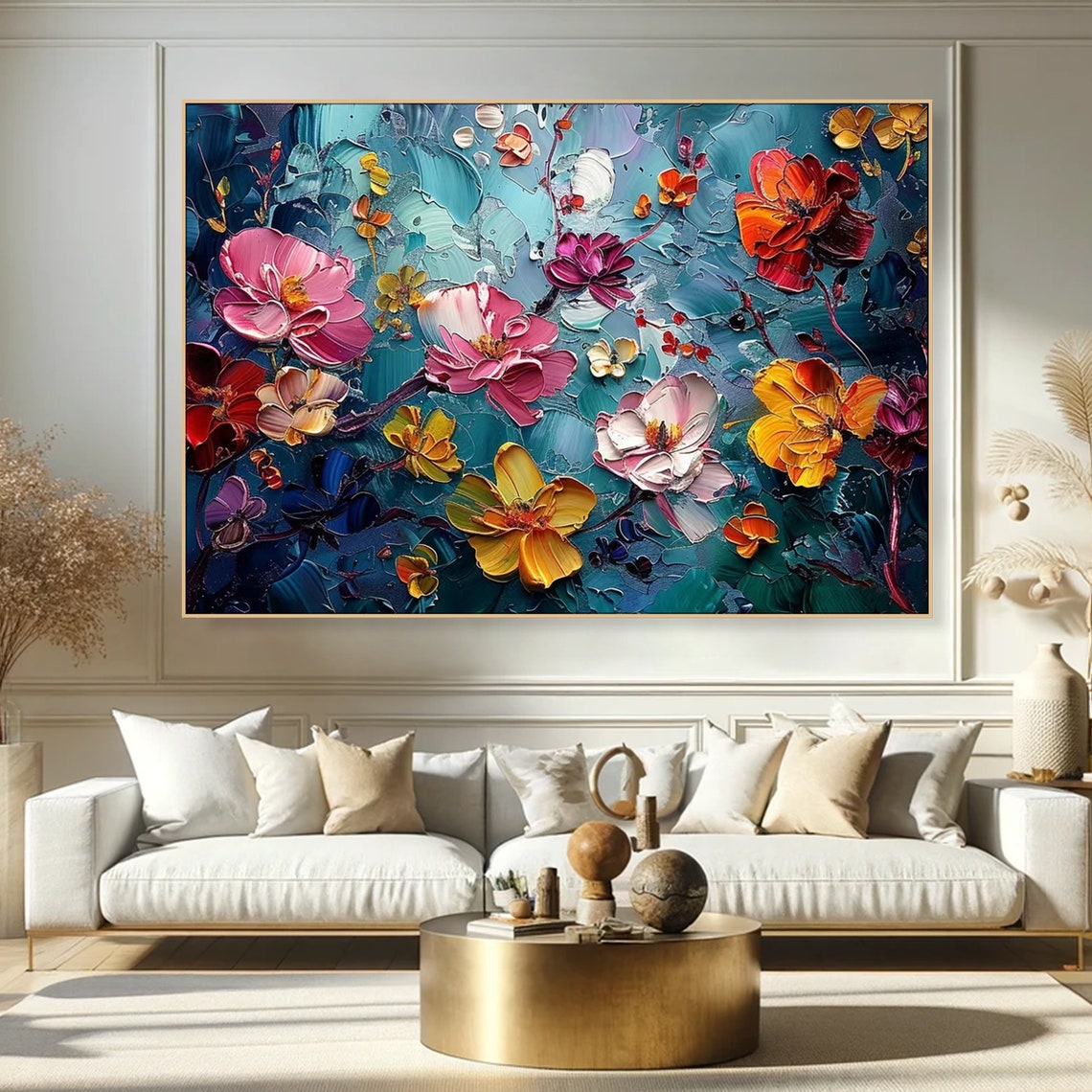 Colorful Blossom Flowers Teal Background Impasto Textured Art Print - Image 2