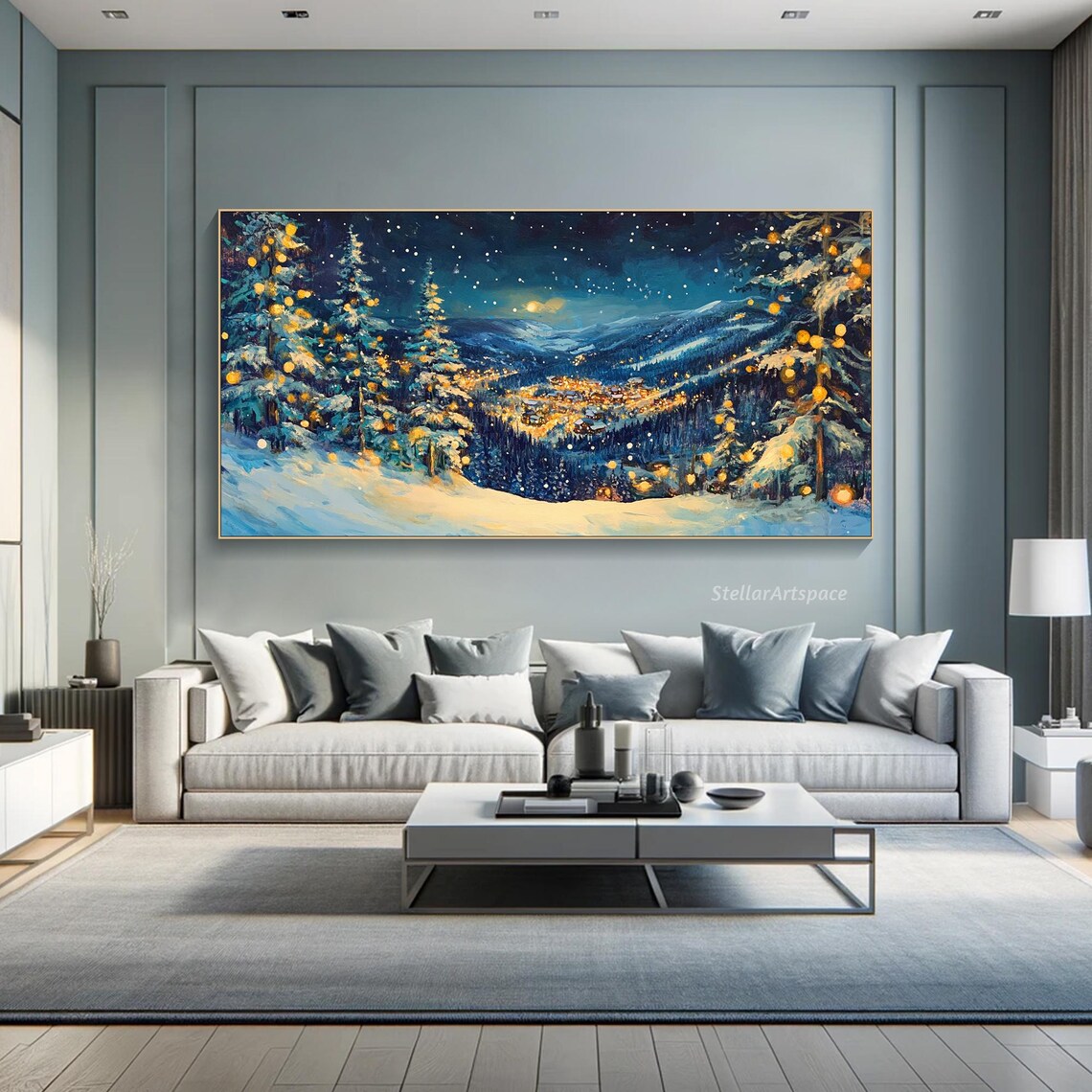 Snowy Village Christmas Night Lights Starry Mountain Winter Poster - Image 6