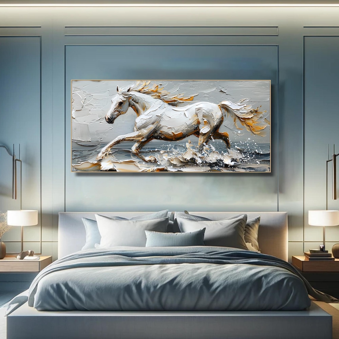 Majestic White Horse Galloping Neutral Gray Gold Impasto Art Poster - Image 4