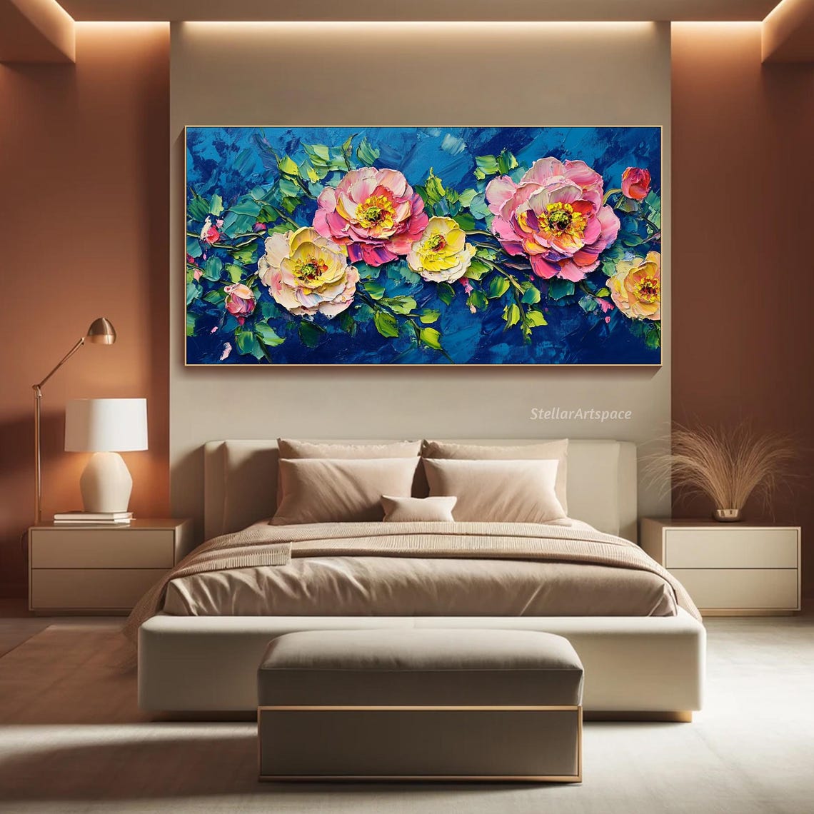 Peony Blossoms Pink Yellow Deep Blue Impasto Bold Floral Poster - Image 4