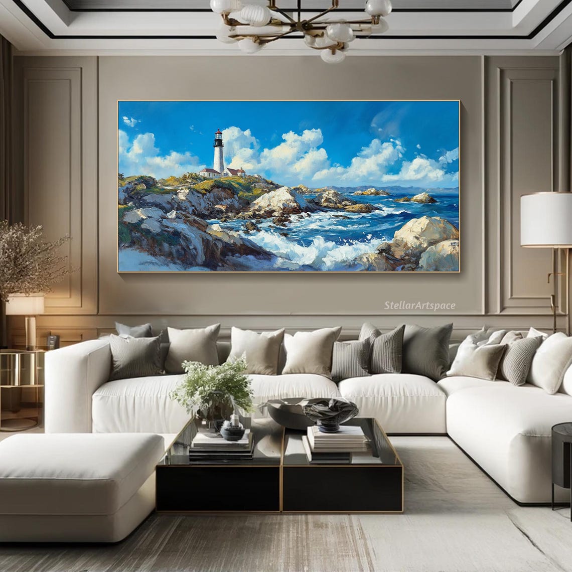 Coastal Lighthouse Rocky Cliffs Blue Ocean Waves Painting Poster - Image 2