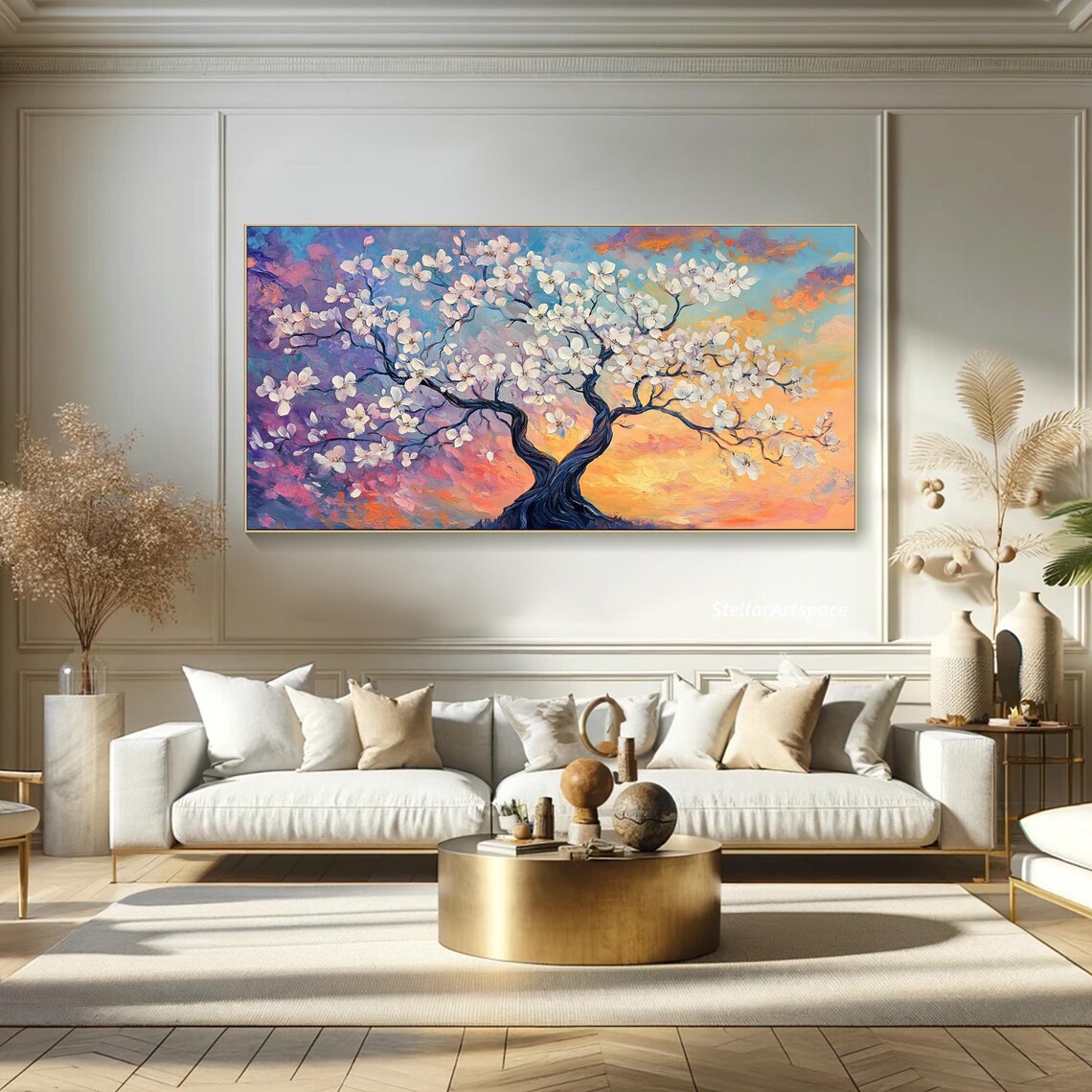 White Blossom Tree Sunset Sky Purple Orange Floral Painting Art Poster - Image 5