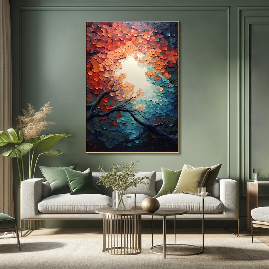 Autumn Trees Red Teal Canopy Dark Branches Bold Texture Art Poster - Image 4