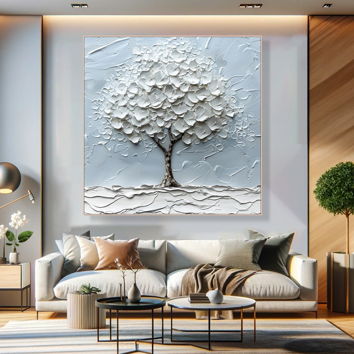 White Blossoming Tree Minimalist Gray Impasto Botanical Art Poster - Image 2