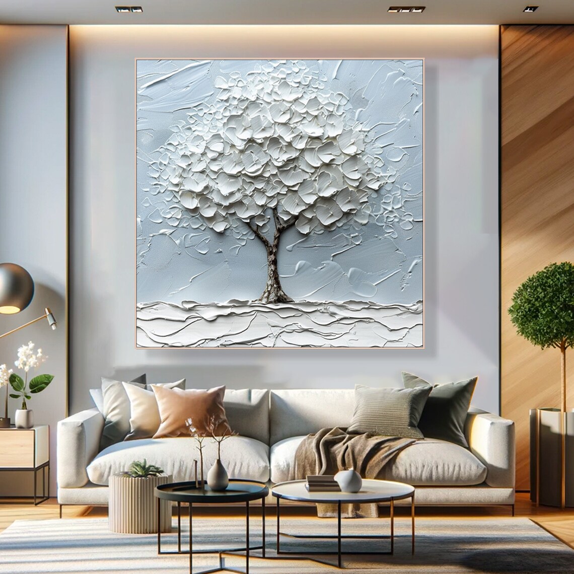 White Tower Tree Oil Painting On Elegant Abstract Tree Texture Wall Art Unique Tree Living Room Decor Custom Over Sofa Decor - Image 2