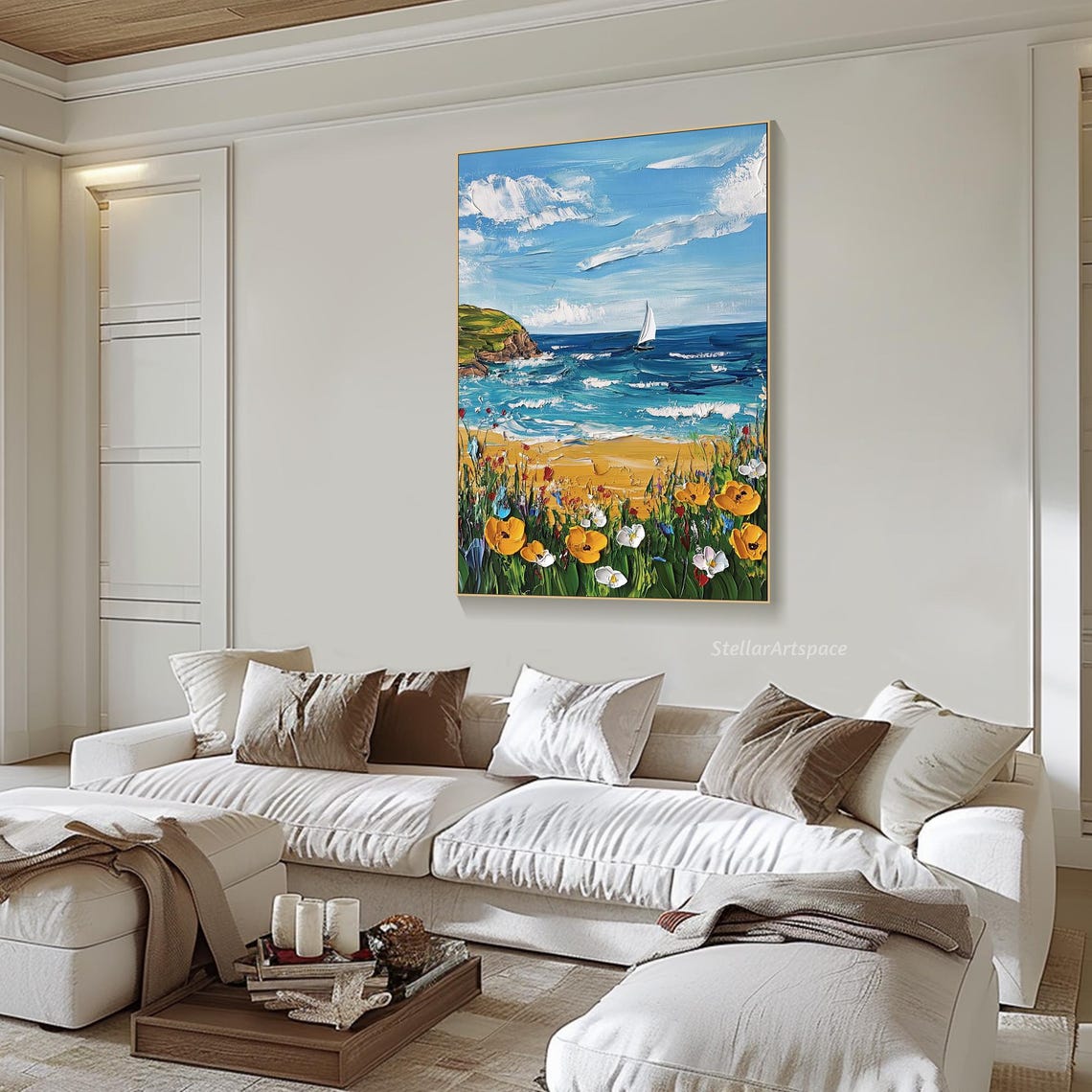 Sailboat Coast Cliff Wildflowers Foreground Textured Seascape Poster - Image 6