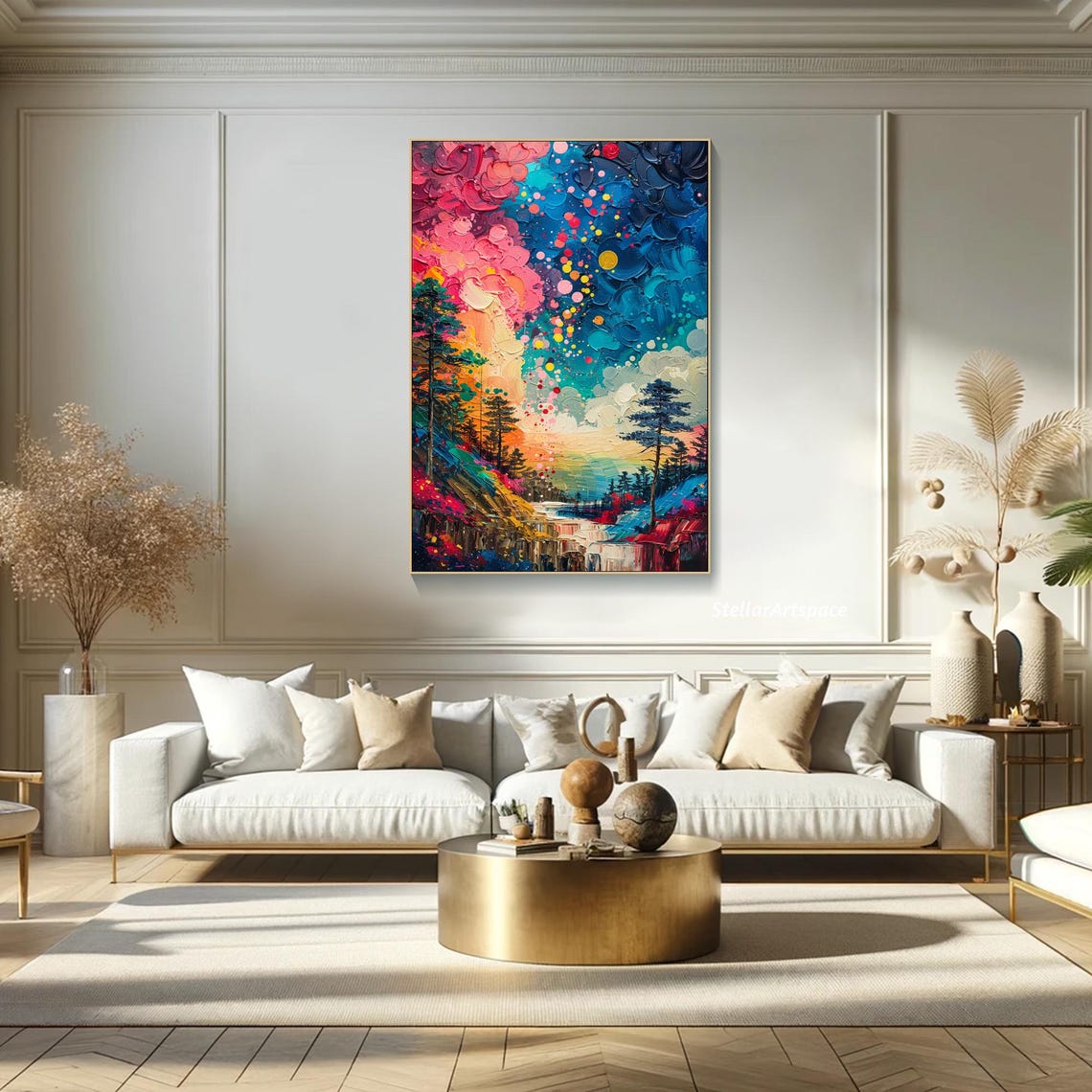 Starry Night Forest Waterfall Colorful Dots Sky Impasto Art Print - Image 5