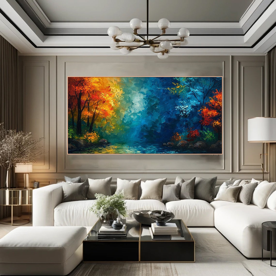 Autumn Forest Stream Fiery Red Trees Blue Impasto Landscape Poster - Image 3