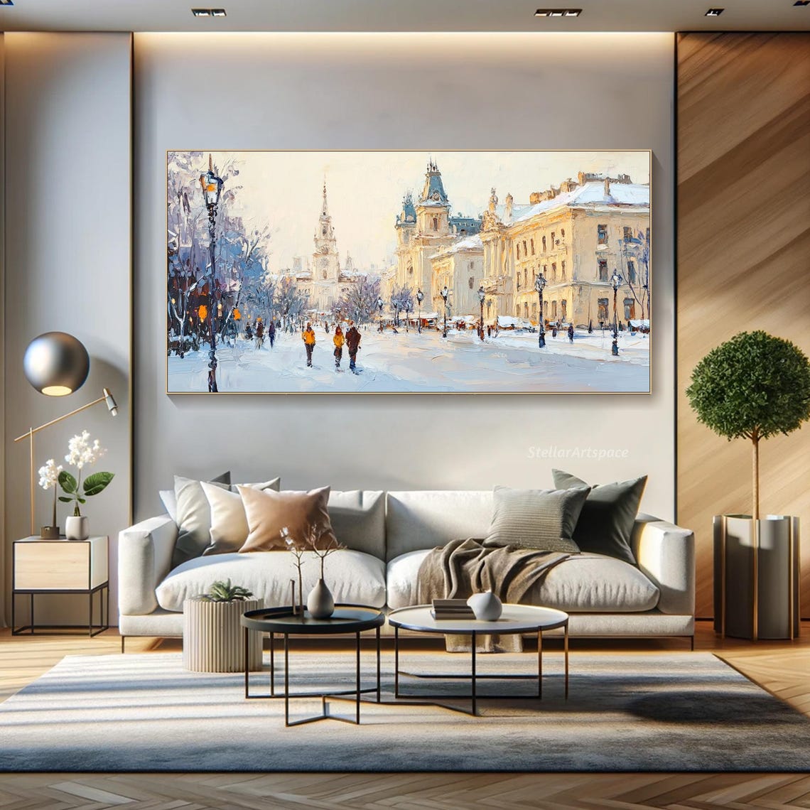 Winter Cityscape Painting On 3d Textured Snowy Street Wall Art European Town Painting Urban Winter Artwork Large Living Room Art - Image 3