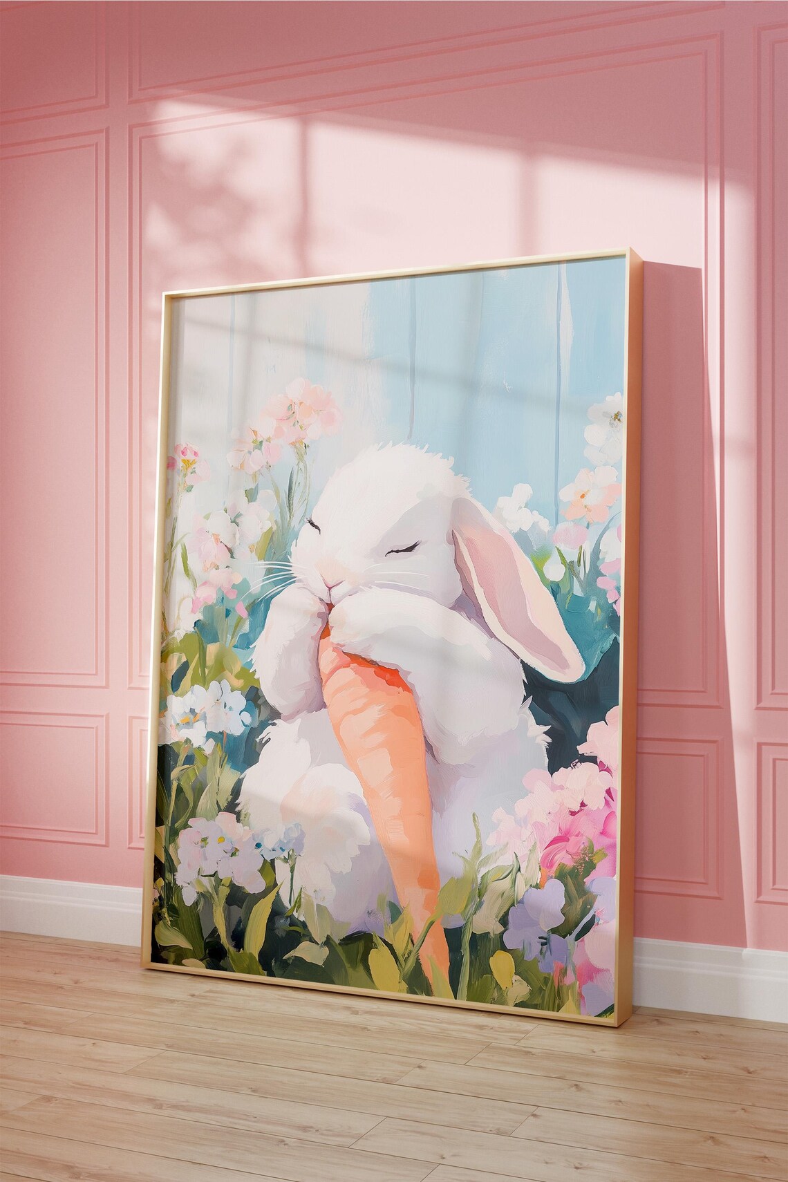 White Easter Bunny Nibbling Carrot Spring Flower Garden Poster - Image 3