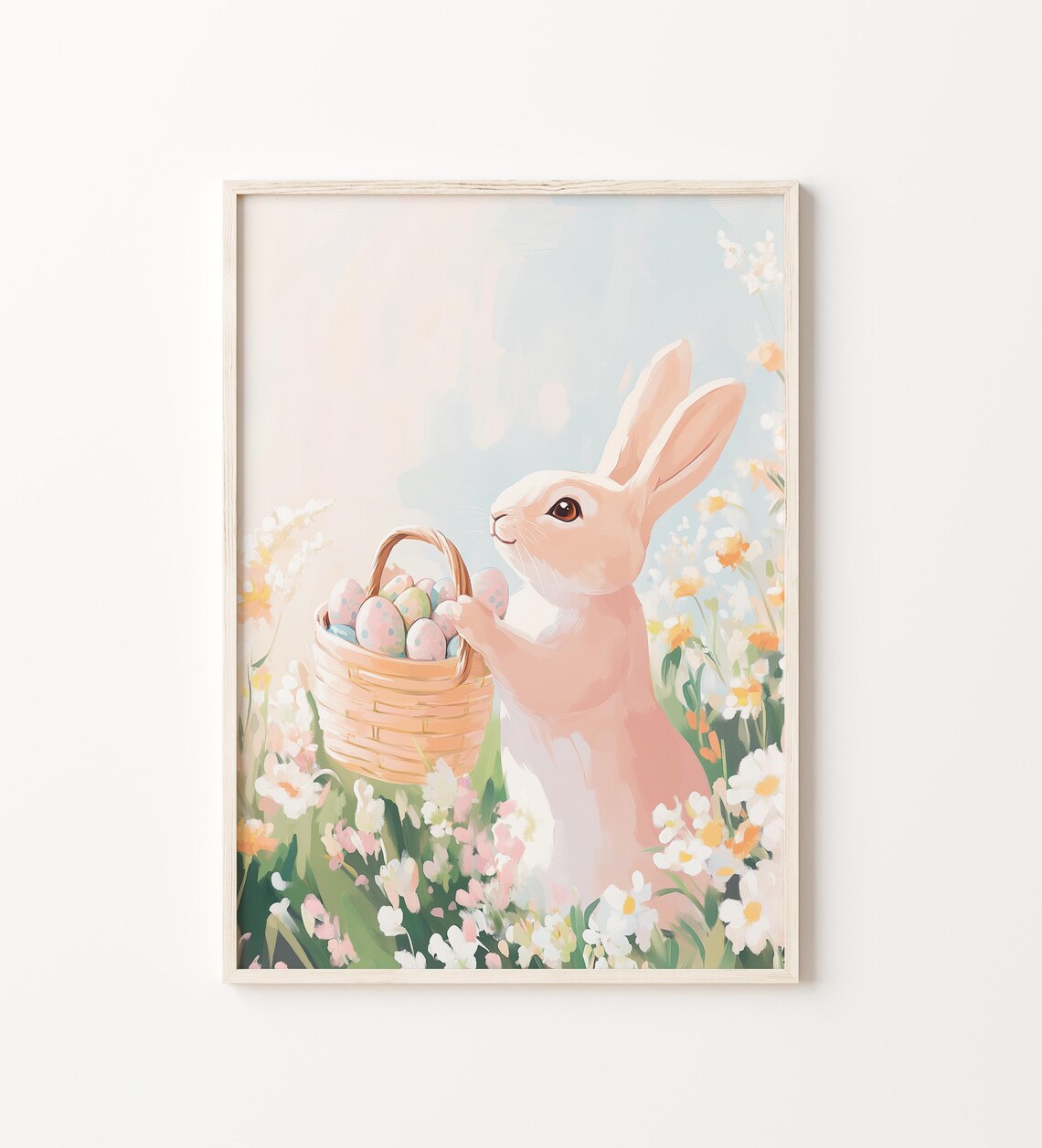 Cute Easter Bunny Holding Basket of Eggs in Flower Meadow Poster - Image 2