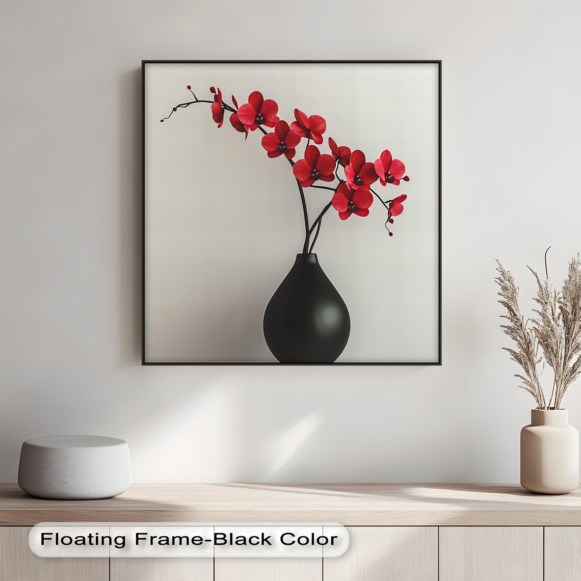 Red Orchid In Black Vase Minimalist Japanese Floral Art Poster