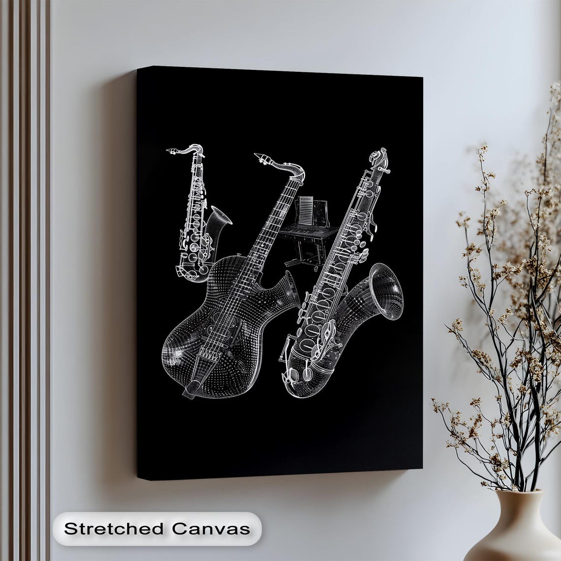 White Wireframe Saxophone And Guitar On Black Music Decor Poster