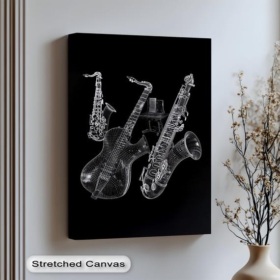 Guitar Saxophone Canvas Art Modern Silver Frame Musical Wall Decor