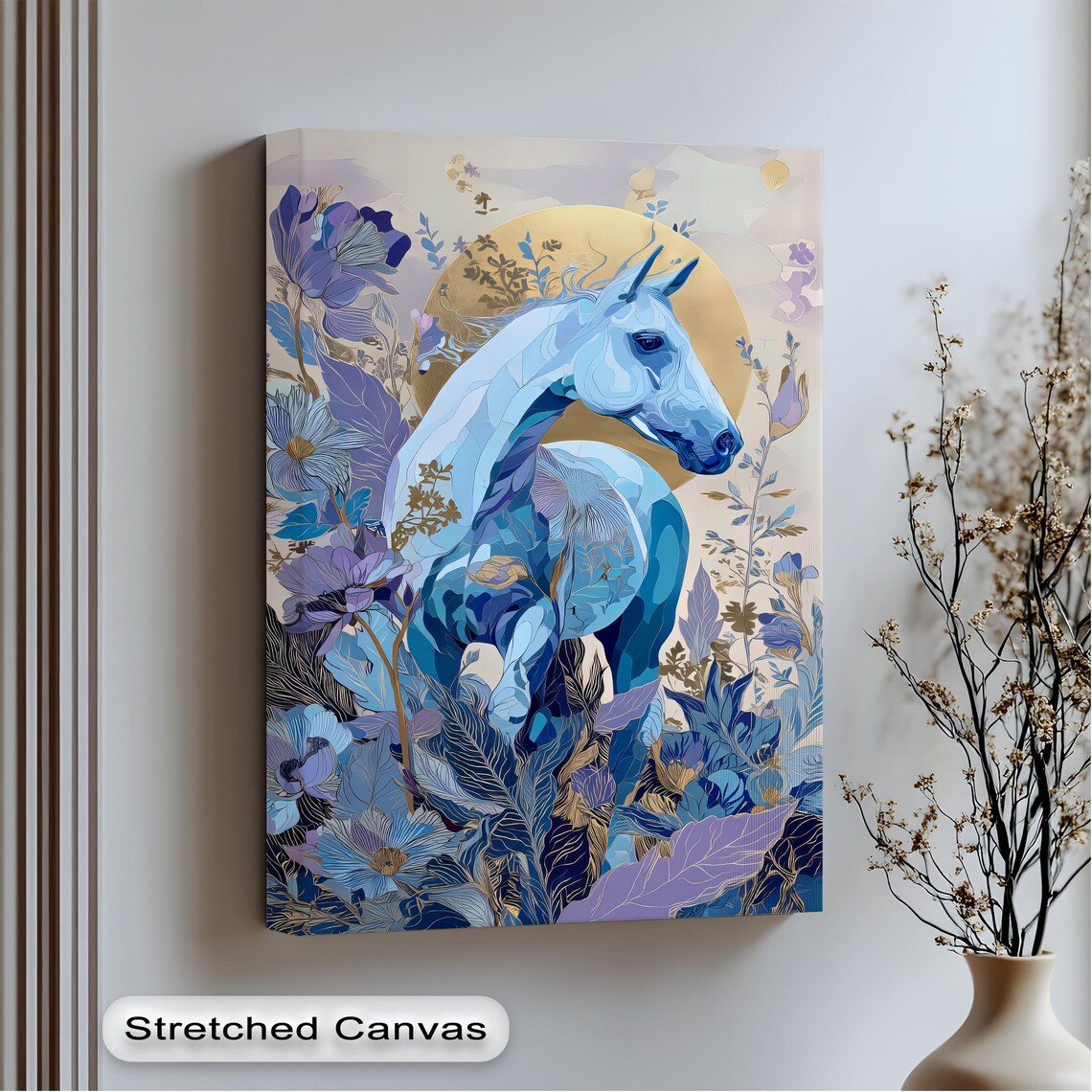 Blue Horse Among Flowers Golden Sun Mystical Boho Equine Art Poster