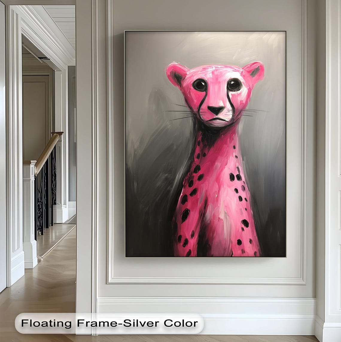 Pink Cheetah Pop Art Painting Bold Big Cat Black and Pink Wall Art