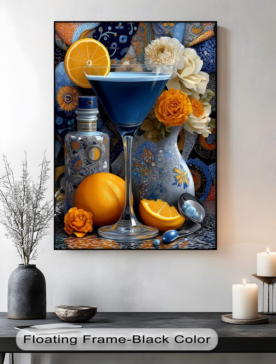 Blue Cocktail Martini Orange Floral Mosaic Still Life Art Poster