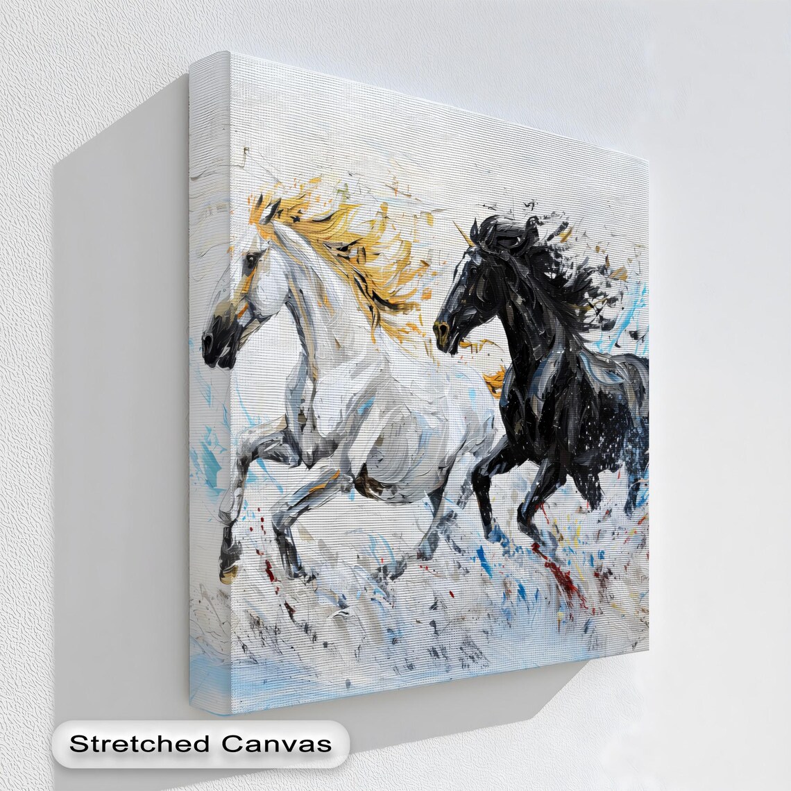 Black And White Horses Canvas Art Abstract Duo In Natural Floating Frame