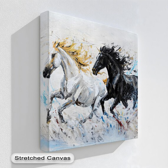 Black And White Horses Canvas Art Abstract Duo In Natural Floating Frame