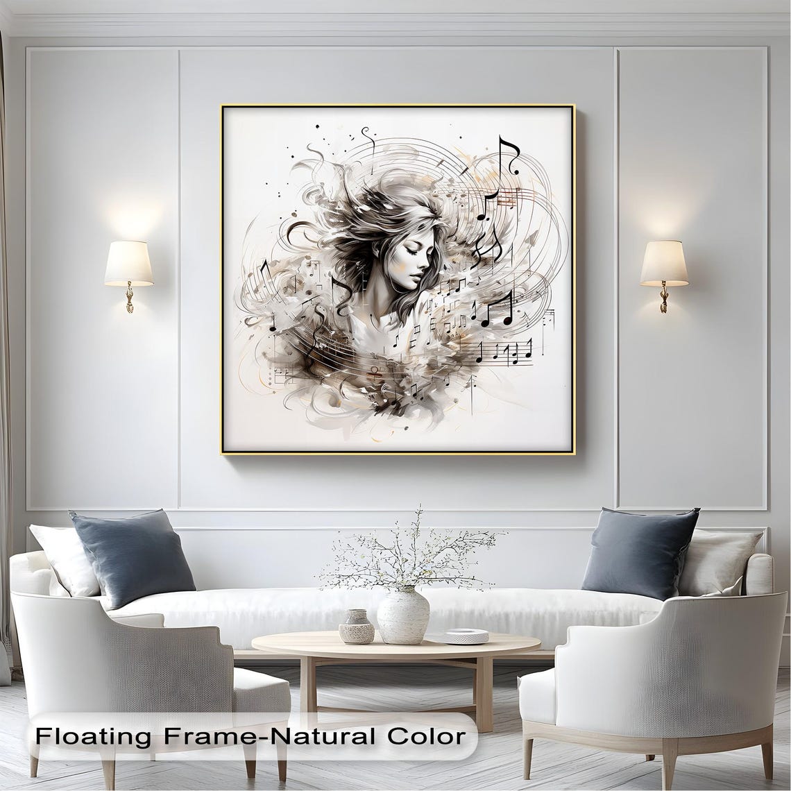Musical Woman Portrait Elegant Notes Canvas Art Print