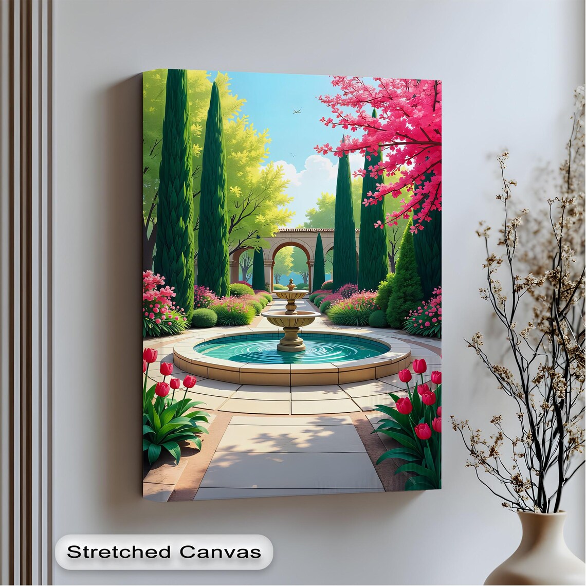 Italian Garden Path Fountain Cypress Tulip Sunny Landscape Poster