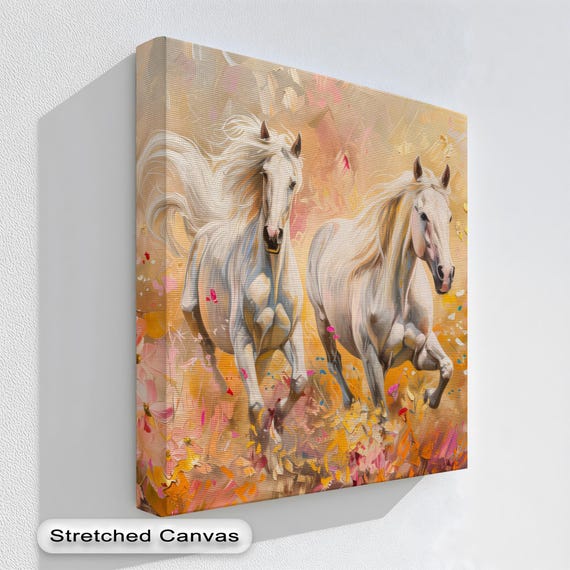 White Horses Autumn Floral Golden Painterly Equestrian Art Poster