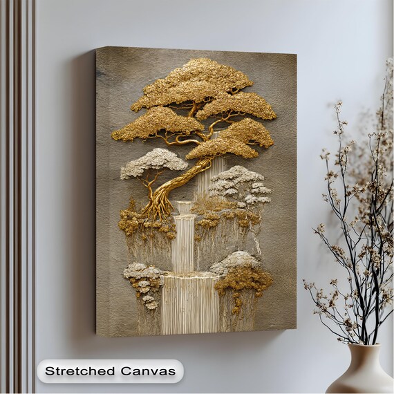 Golden Tree Waterfall Canvas Art Zen Hallway Decor Black Frame