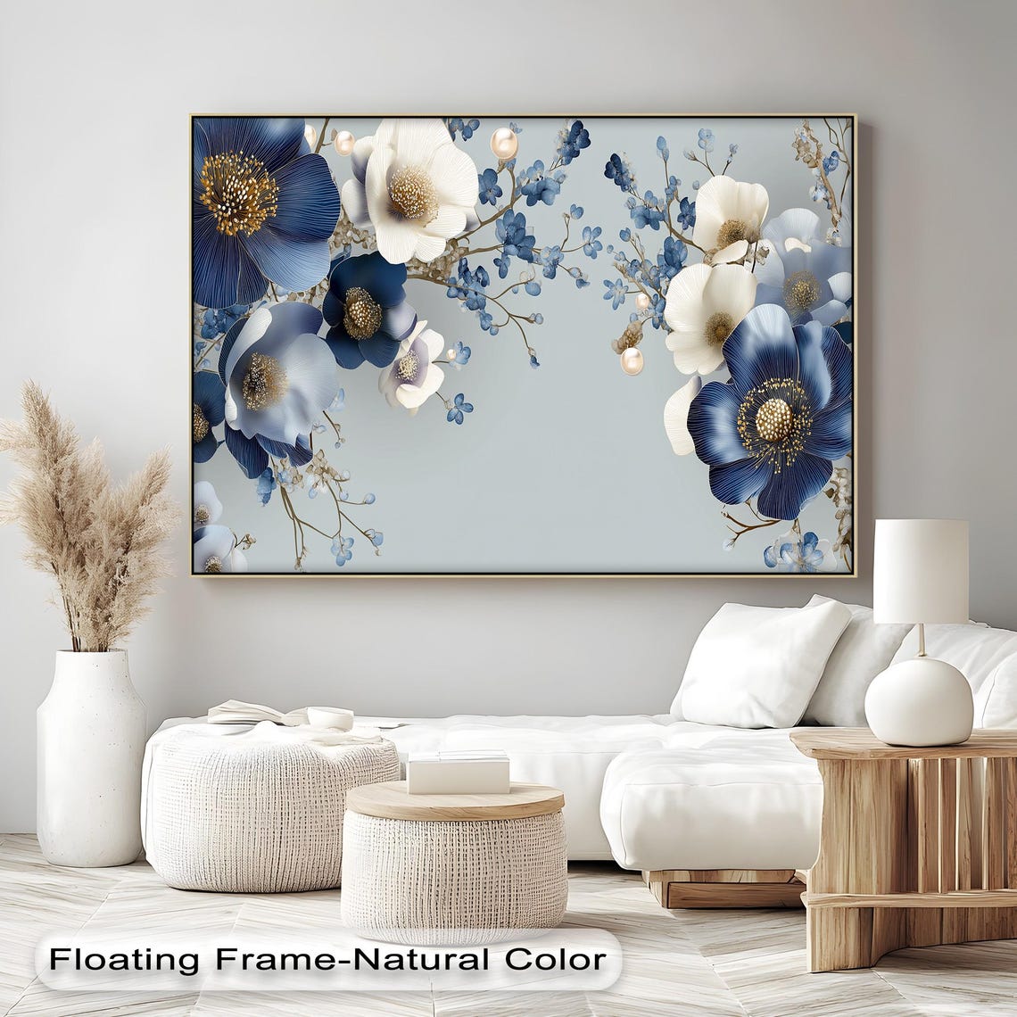 Blue And White Floral Glass Wall Art Modern Botanical Print Framed Option