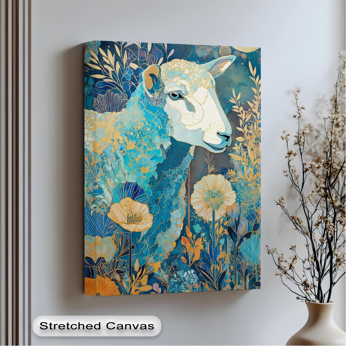 Blue and Gold Sheep Decorative Floral Ornate Animal Canvas Poster