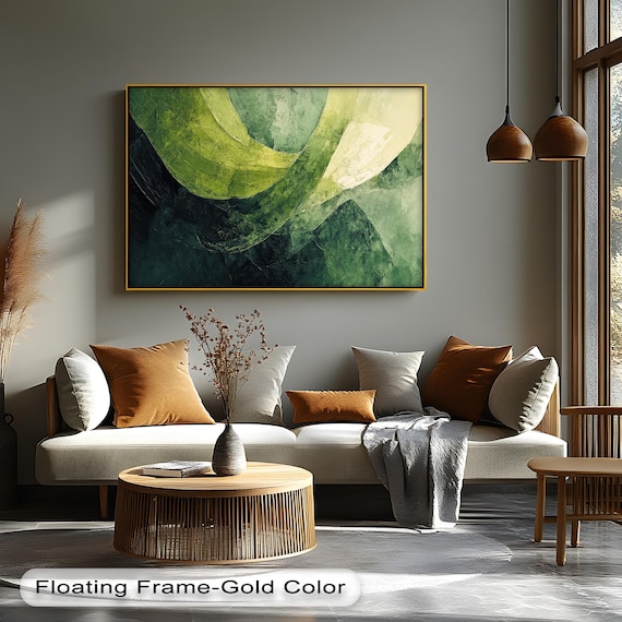 Green Abstract Canvas Art Textured Modern Painting With Floating Frame