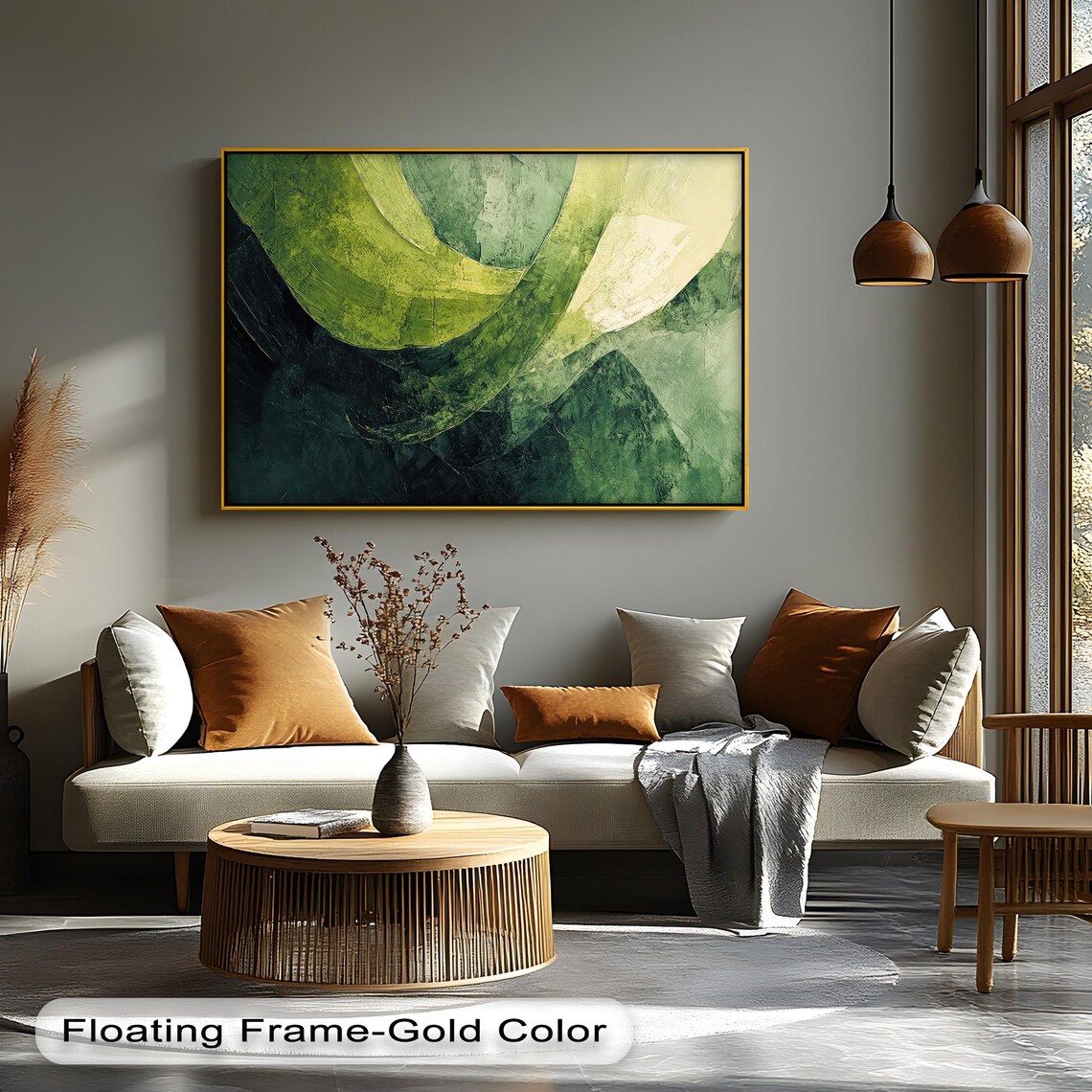 Green Abstract Canvas Art Textured Modern Painting With Floating Frame