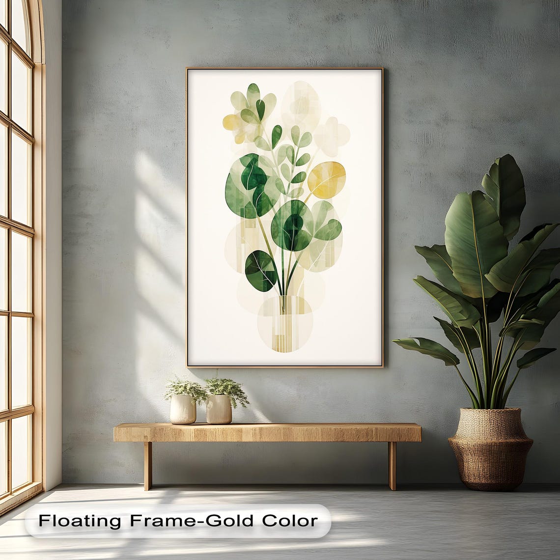 Modern Geometric Botanical Green Gold Leaf Scandinavian Art Poster