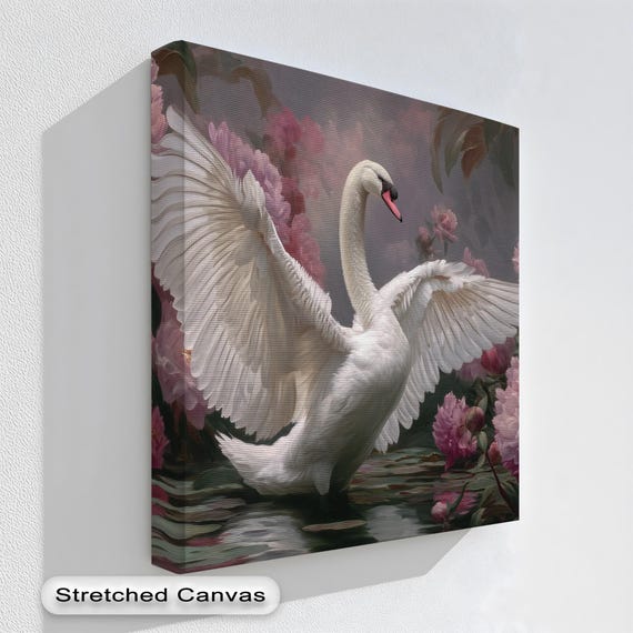Swan and Pink Peonies Floral Art Print