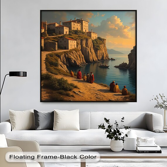 Mediterranean Cliffside Village At Sunset Oil Painting Style Poster