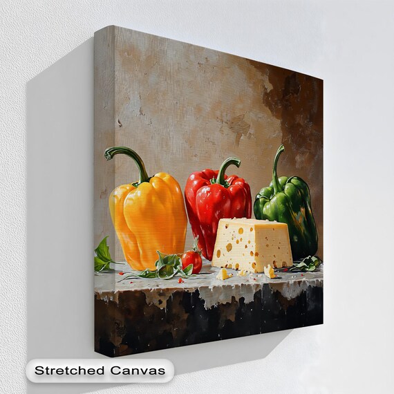 Rustic Bell Peppers Cheese Still Life Oil Style Kitchen Poster