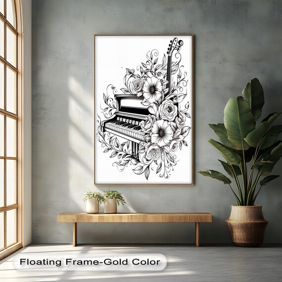 Floral Piano And Cello Line Art Black White Music Room Poster