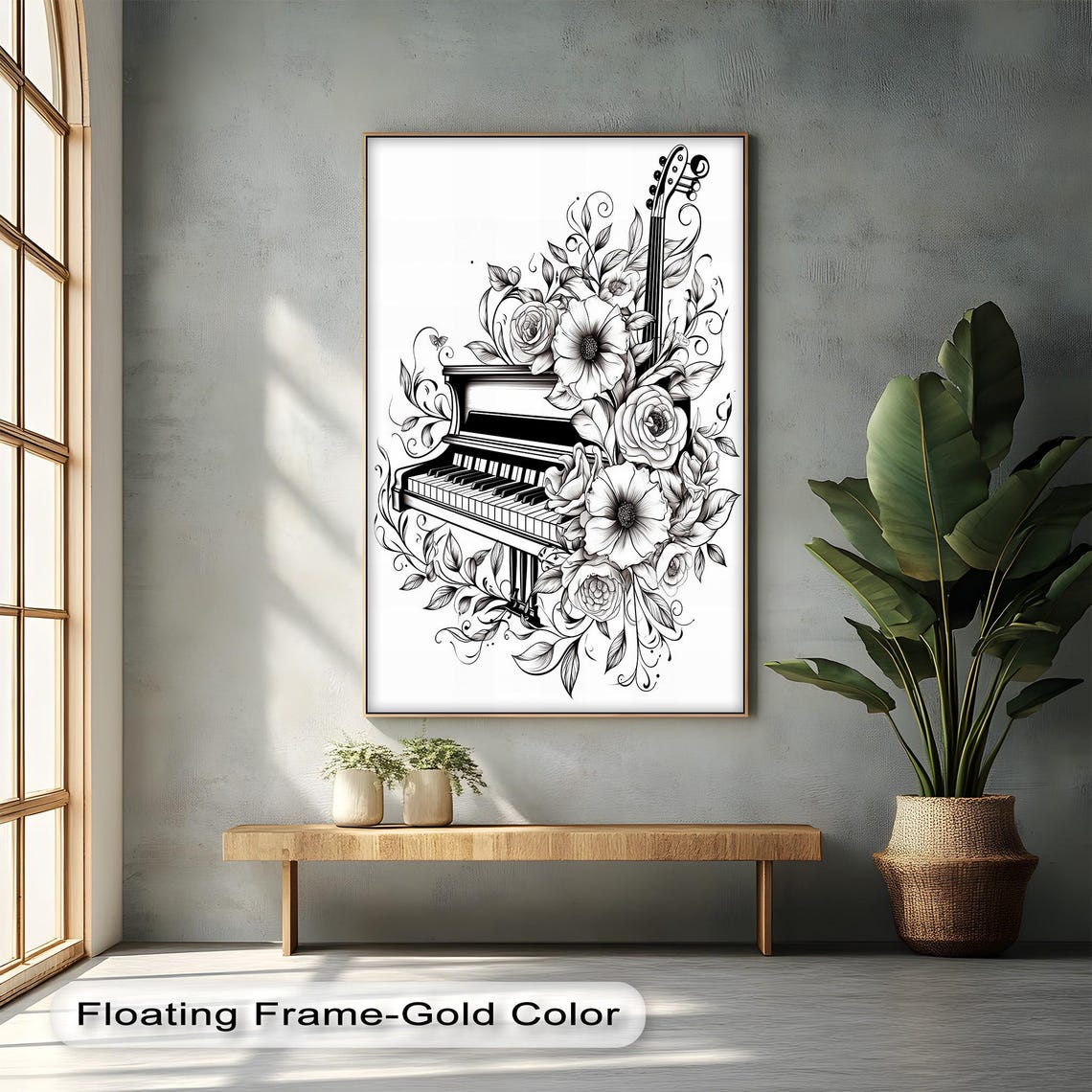 Floral Piano And Cello Line Art Black White Music Room Poster