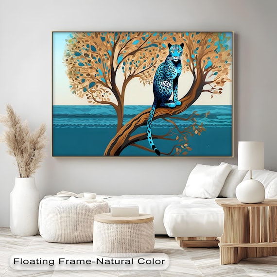 Blue Jungle Leopard Canvas Art Modern Safari Wall Decor