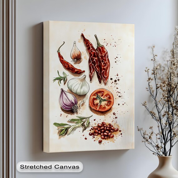 Red Chili Pepper Onion Garlic Tomato Watercolor Kitchen Wall Art