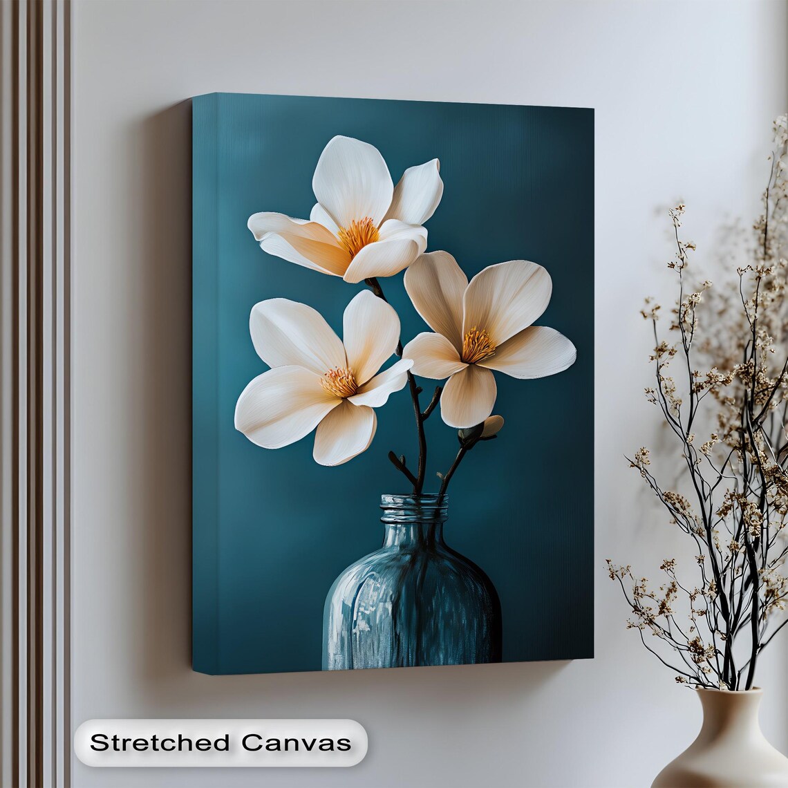 White Magnolia Blossoms in Blue Bottle Teal Floral Still Life Poster