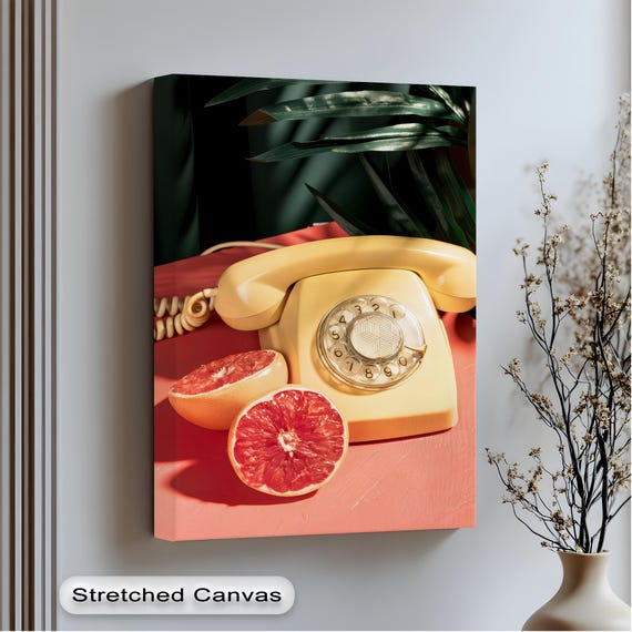 Retro Yellow Telephone Print Citrus Kitchen Wall Art With Silver Frame