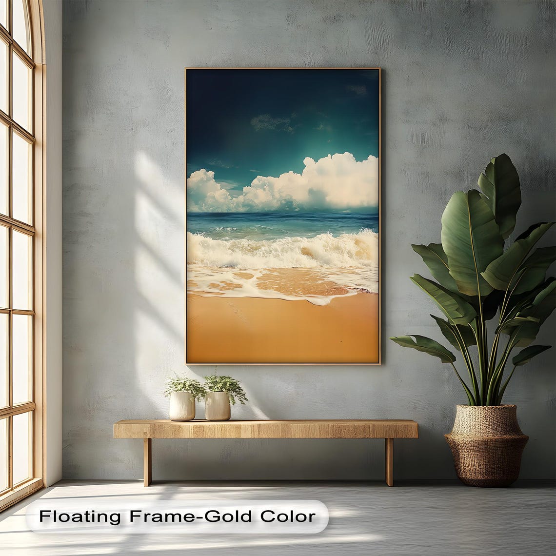 Golden Sand Beach Waves And Clouds Minimalist Ocean Art Print