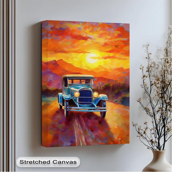 Vintage Blue Car Canvas Print Retro Sunset Wall Art With Gold Frame